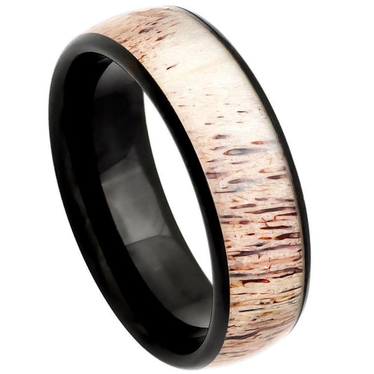 Domed Black IP Tungsten Ring with Real Deer Antler Inlay - 8mm - Love Tungsten