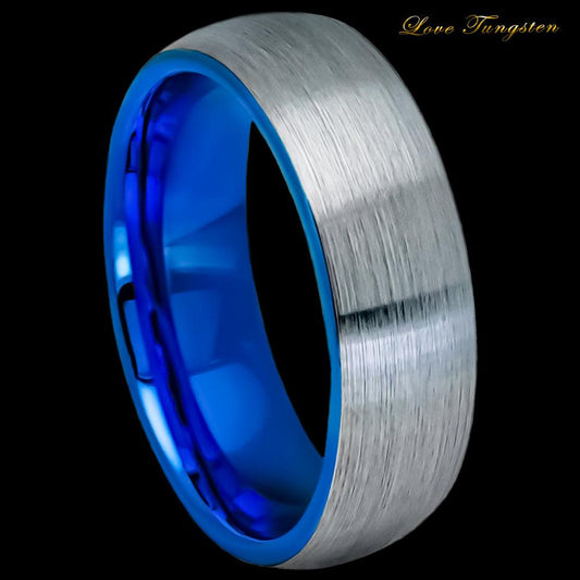 Domed Blue IP & Gun Metal Brushed Tungsten Ring - 6mm - Love Tungsten