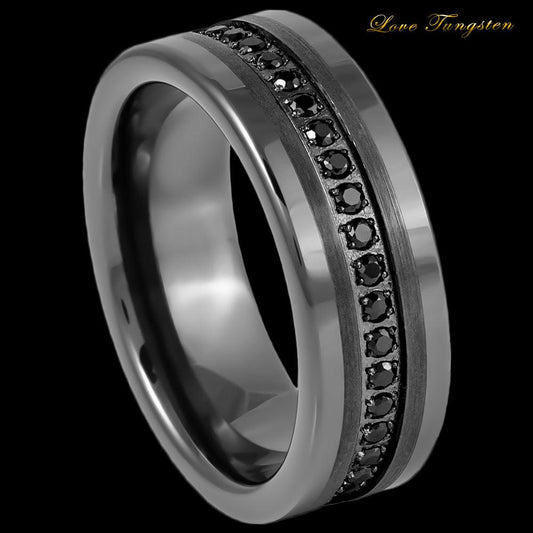 Eternity Black CZ Prong-set Gun Metal IP Tungsten Ring - 8mm - Love Tungsten