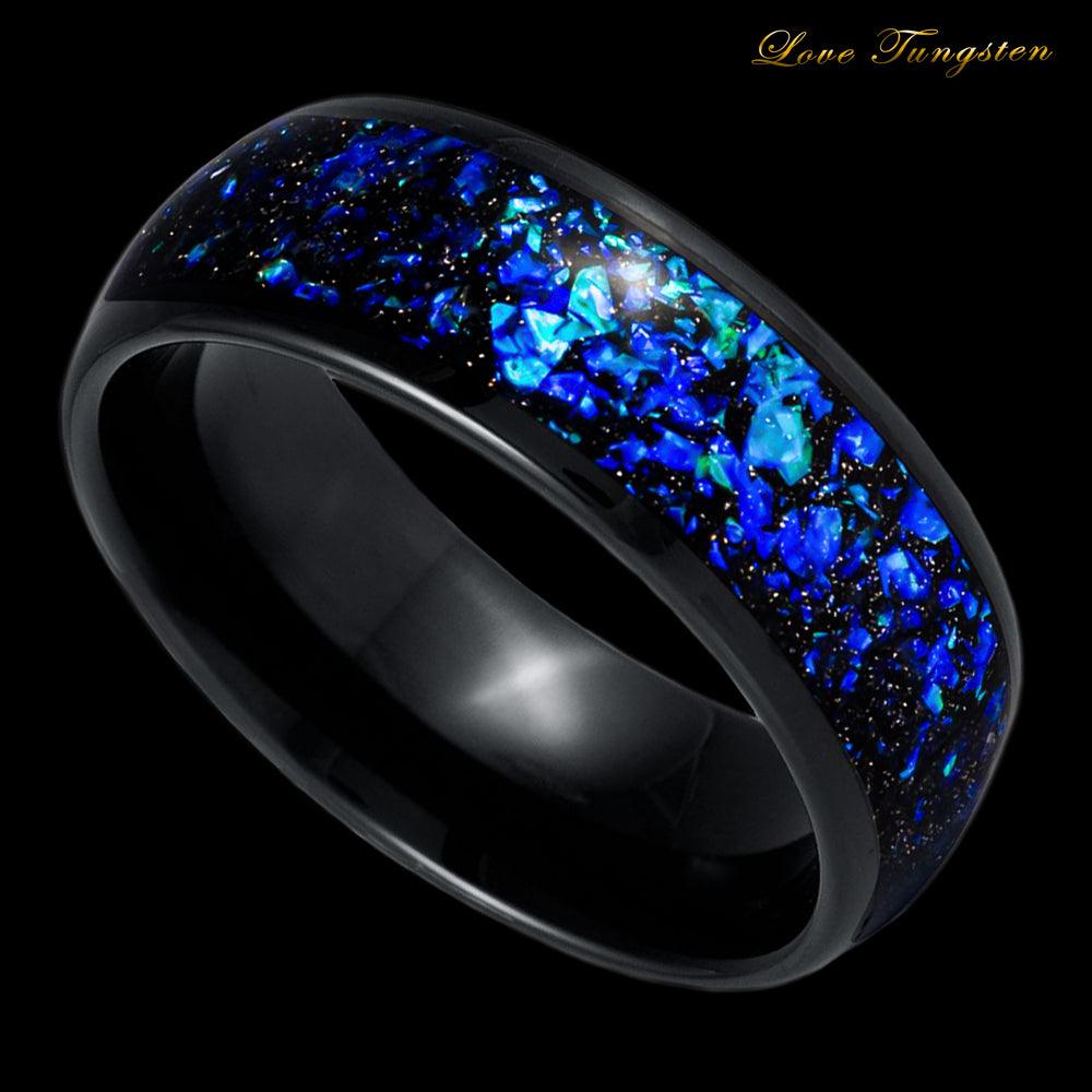 Galaxy Universe Opal & Abalone Fragments Synthetic Dome Black IP Blue Tungsten Ring - 8mm - Love Tungsten
