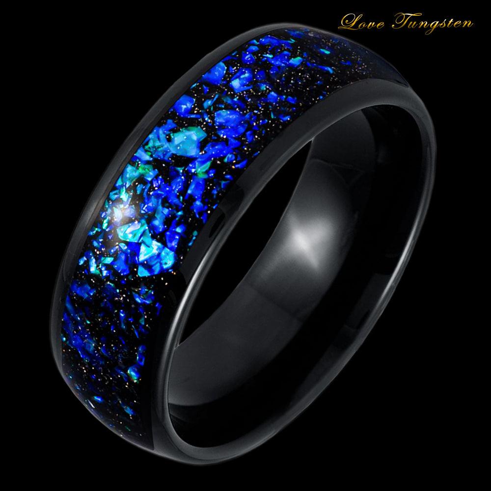 Galaxy Universe Opal & Abalone Fragments Synthetic Dome Black IP Blue Tungsten Ring - 8mm - Love Tungsten