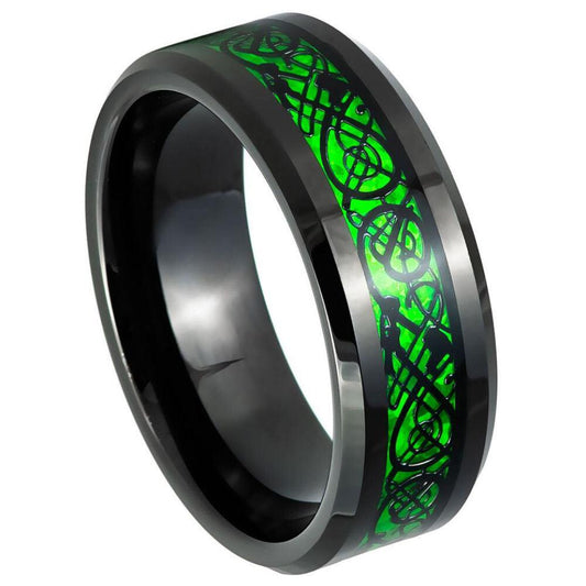Green Celtic Dragon Inlay & Black IP Tungsten Ring - 8mm - Love Tungsten