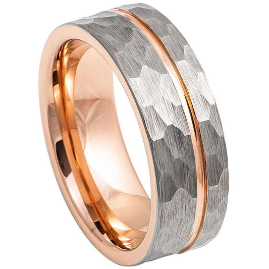 Grooved Hammered Tungsten Ring | Rose Gold IP Plated Inside - 8mm - Love Tungsten
