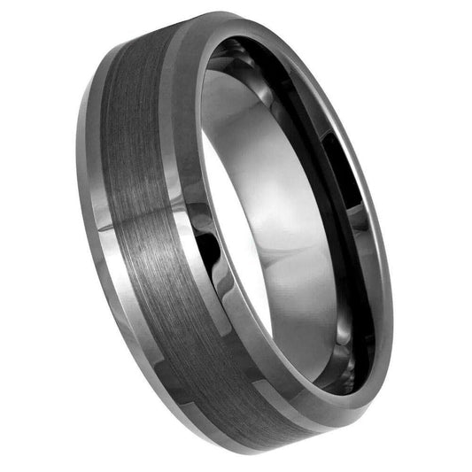 Gun Metal IP Polished Sides Brushed Center Beveled Edge Tungsten Ring - 8mm - Love Tungsten