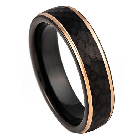 Hammered Center Black & Rose Gold IP Tungsten Ring - 6mm - Love Tungsten
