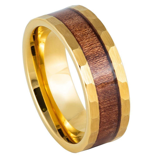 Hammered with Hawaiian Koa Wood Inlay Yellow IP Tungsten Ring - 8mm - Love Tungsten