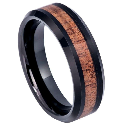 Hawaiian Koa Wood Inlay, Beveled Edge with Black IP Plated Tungsten Ring – 6 mm - Love Tungsten