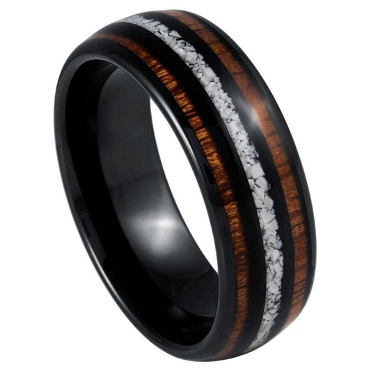 Koa & White Turquoise Inlay Black IP Tungsten Ring - 8mm - Love Tungsten