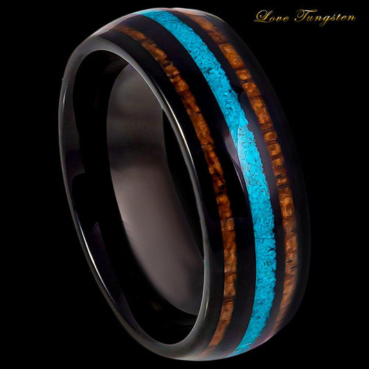 Koa Wood & Crushed Turquoise Inlay Black IP Tungsten Ring - 8mm - Love Tungsten