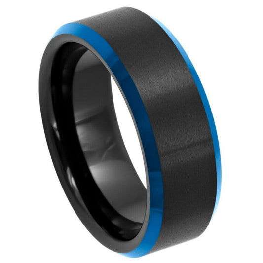 Men's Women's Blue Beveled Edged Black IP Tungsten Ring - 8mm - Love Tungsten
