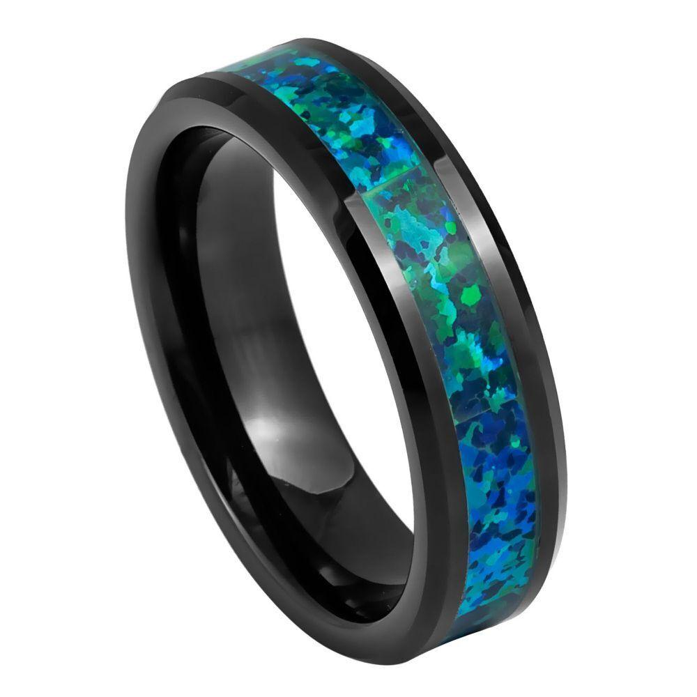Opal Inlay Black IP Plated Tungsten Ring - 6mm - Love Tungsten