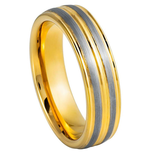 Pinstripe & Gun Metal Yellow IP Tungsten Ring - 6mm - Love Tungsten