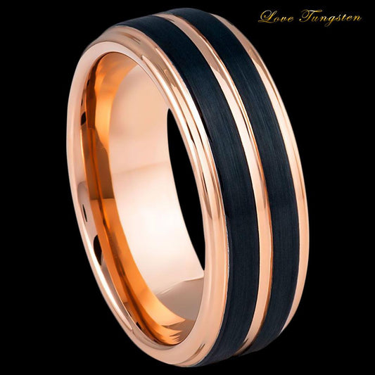 Pinstripe Rose Gold & Black IP Tungsten Ring - 8mm | Stylish & Durable - Love Tungsten