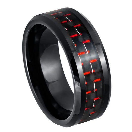 Red & Black Carbon Fiber Inlay Tungten Ring - 8mm - Love Tungsten