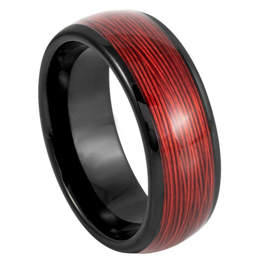 Rolled Red Wire Inlay Domed Black IP Tungsten Ring - 8 mm - Love Tungsten