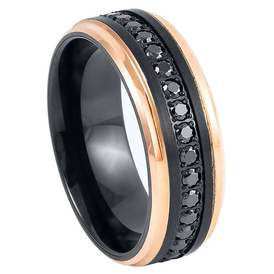 Rose Gold IP Edges: Black CZ Round Cut Eternity with Black IP Tungsten Ring - 8mm - Love Tungsten