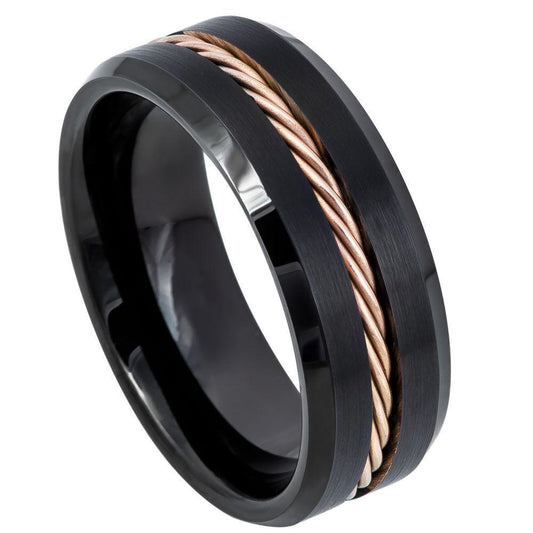 Rose Gold IP Rope Inlay with Black IP Beveled Edge Tungsten Ring - 8mm - Love Tungsten