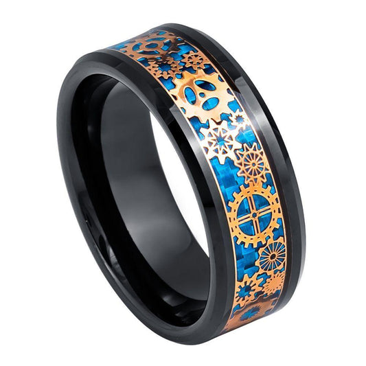 Steampunk Gear Blue Carbon Fiber Black & Rose Gold IP Tungsten Ring - 8mm - Love Tungsten