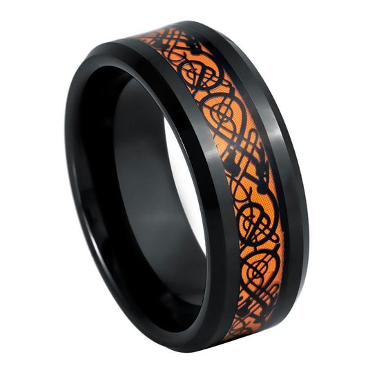 Stunning Black IP Celtic Cutout Tungsten Ring with Orange Resin - 8mm - Love Tungsten