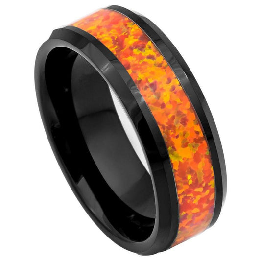 Synthetic Orange Opal Inlay Black IP Tungsten Ring - 8mm - Love Tungsten