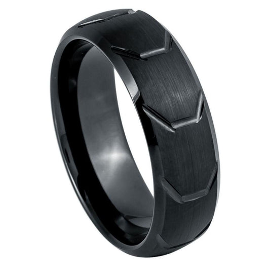 Tire Thread Center Beveled Edge Black IP Tungsten Ring - 8mm - Love Tungsten