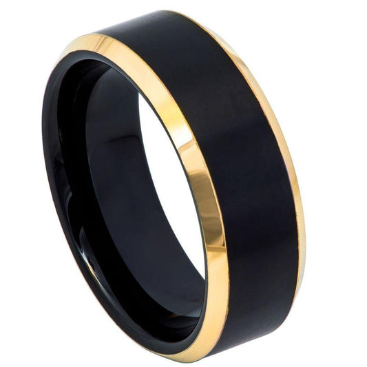 Two-Tone Black and Yellow Gold IP Beveled Edge Tungsten Ring – 8 mm - Love Tungsten