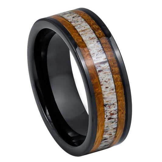 Whiskey Barrel & Deer Antler Inlay Black IP Plated Tungsten Ring - 8mm - Love Tungsten
