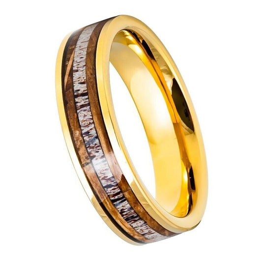 Whiskey Barrel & Deer Antler Inlay Yellow Gold IP Tungsten Ring - 6mm - Love Tungsten