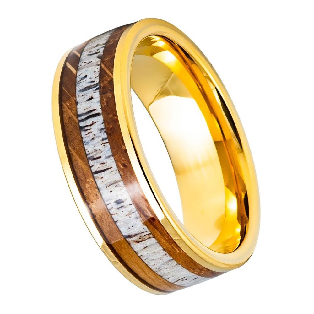 Whiskey Barrel & Deer Antler Inlay Yellow Gold IP Tungsten Ring - 8mm - Love Tungsten