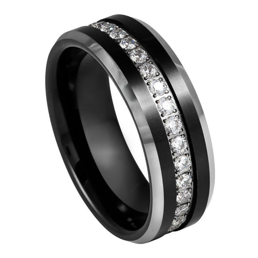 White CZ Eternity Black IP Plated Tungsten Ring - 8mm - Love Tungsten