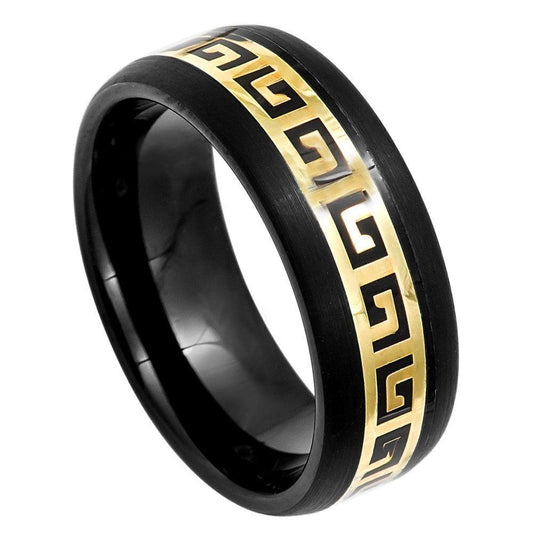 Yellow Greek key Inlay Black IP Dome Tungsten Ring - 8mm - Love Tungsten