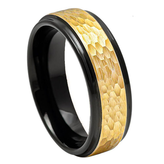 Yellow Hammer Inlay Center Black IP Stepped Edge Tungsten Ring - 6mm - Love Tungsten