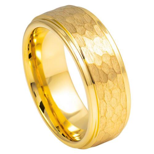 Yellow IP Tungsten Ring - Hammered Center, Stepped Edges - 8mm - Love Tungsten