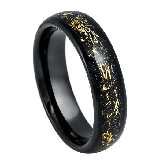 Yellow Meteorite Inlay Black IP Plated Tungsten Ring - 6mm - Love Tungsten