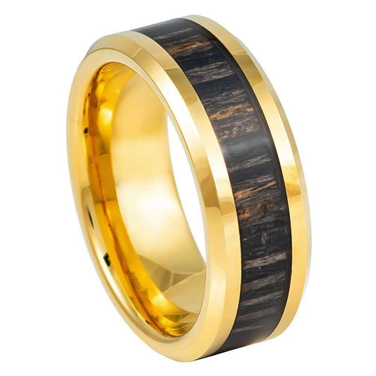 Zebra Wood Inlay Yellow IP Plated Tungsten Ring - 8mm - Love Tungsten